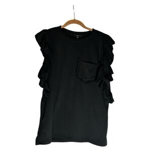 NWT Drew Black Jersey Knit Crewneck Ruffle Sleeve Blouse Top Shirt Size Medium